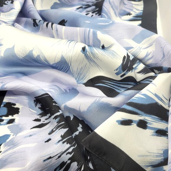 Luxury Silky Soft Square Scarf Black Blue White Abstract Floral Print Shawl Wrap - Picture 2 of 4